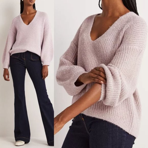 Boden Chunky Fluffy V Neck Wool Blend Sweater Metallic Sparkly Cameo Pink 16/18 - Picture 1 of 16